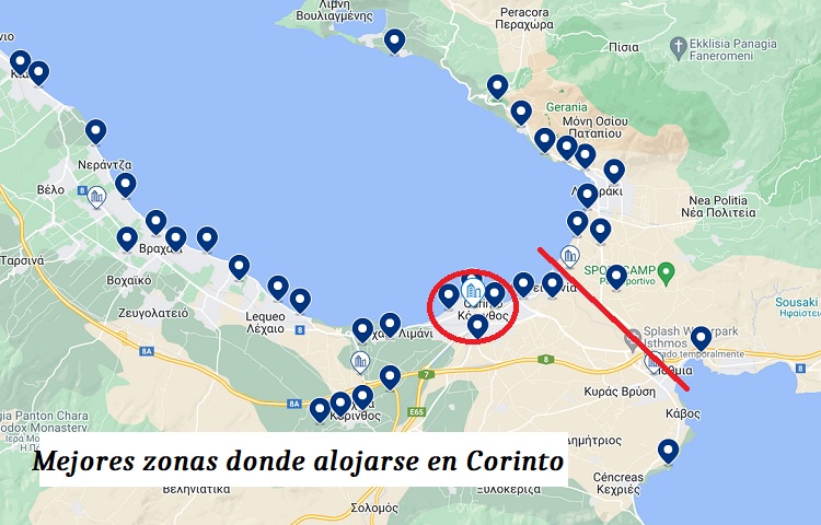 Mapa hoteles y zonas donde dormir en Corinto